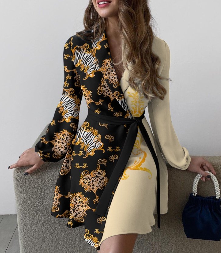 Fashion Sky Blue Long-sleeved Lapel Waist Tie Dress - Imagem 6