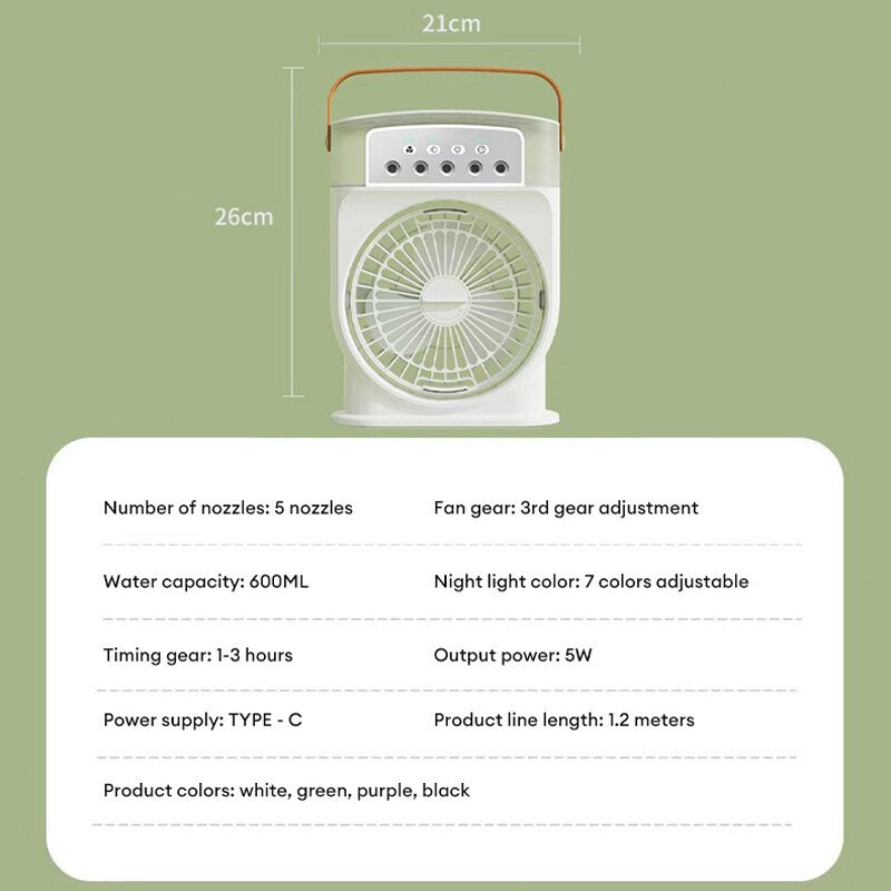 Portable USB Air Conditioner Cooling Fan With 5 Sprays 7 Color Light 600ML Water Tank Spray Mist Air Cooler Humidifiers - Imagem 7